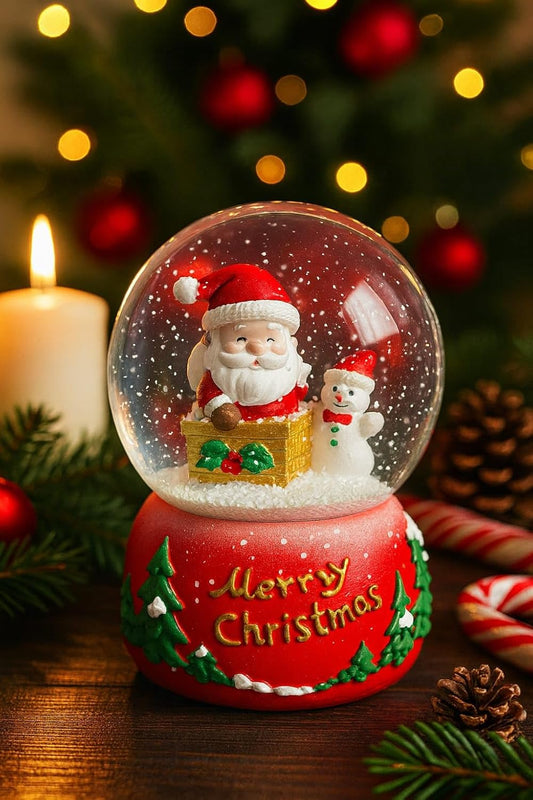 Santa Snowman Time Treasure Snow Globe Train | Girl with Tree | 12 cm Lighted Christmas Decoration, Festive Xmas Tabletop Decor, (Only Light, No Music)