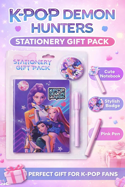 K POP Demon Hunters Stationery Gift Pack for Kids – Cute Notebook, Pen & Badge Set | Cartoon Theme Study Kit | Gift for Girls Boys Students