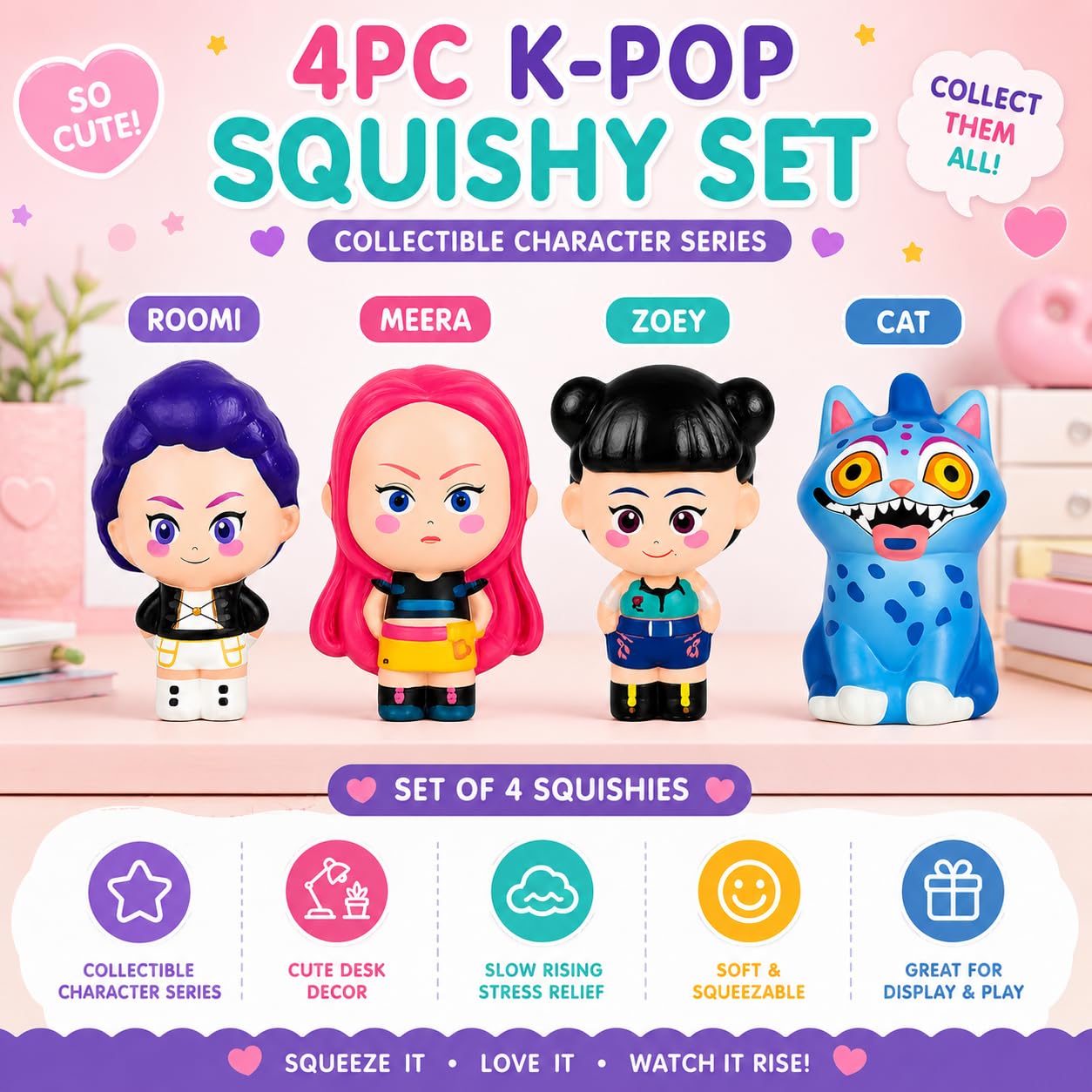 K Pop Demon Hunters Squishy Set of 4 – Rumi, Meera, Zoey & Blue Cat Slow Rising Stress Relief Squeeze Toys for Kids, Teens & Adults