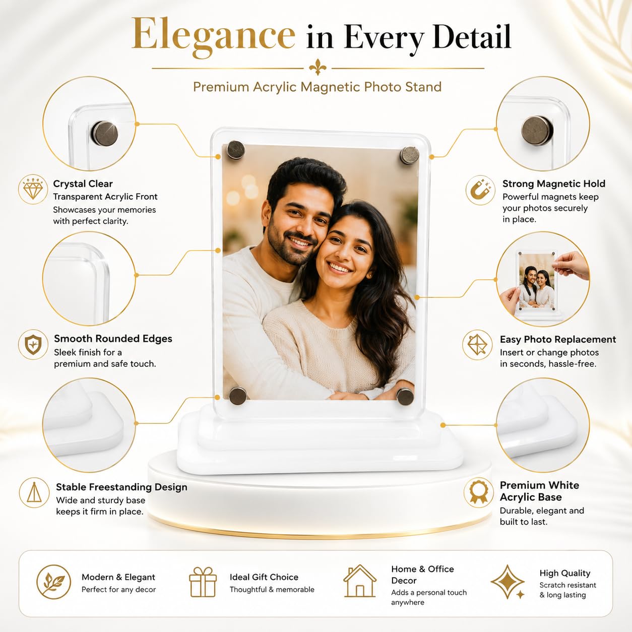 Magnetic Acrylic Photo Frame Stand, Clear Transparent Picture Holder, Easy Photo Change, Double-Sided Tape Included, Desktop Display for Home, Office, Car Dashboard & Gifts
