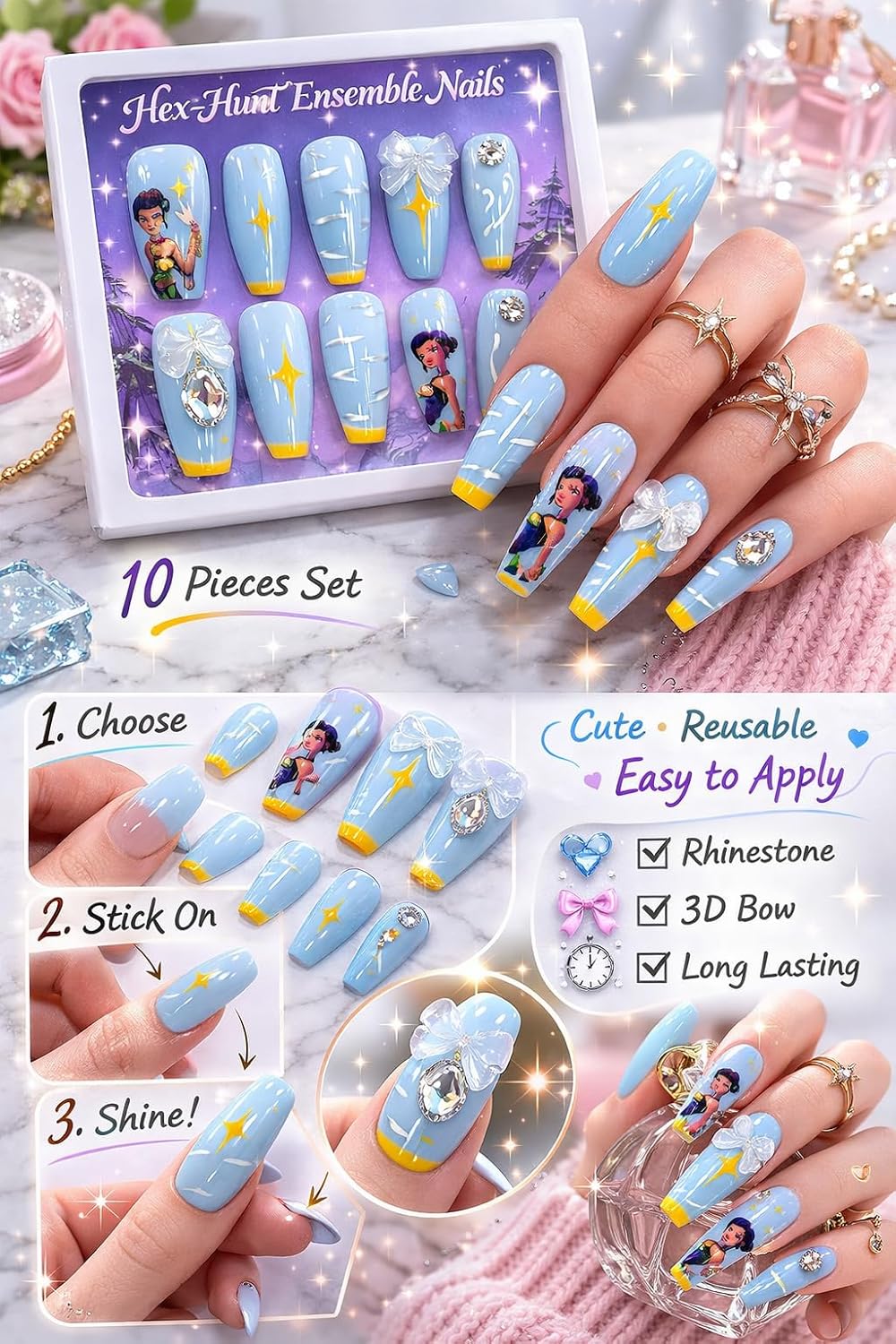 Demon Hunter Kids Press On Nails for Girls, Anime Magic Nail Art Set with Rhinestones, Reusable Fake Nails for Kids, Cute Fantasy Design Artificial Nails, Easy Stick On Nail Kit for Children Party Dress Up- 10 Piece Set (Zoey)