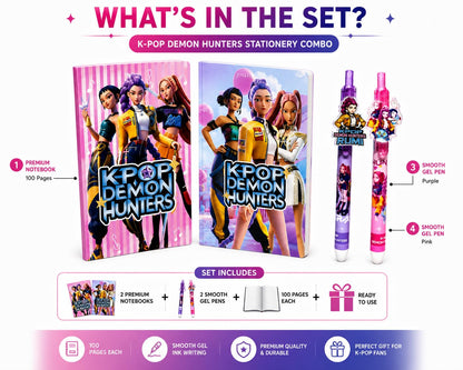 K-Pop Demon Hunters Stationery Set, 2 Notebooks with 100 Pages Each and 2 Smooth Gel Pens, Gift for Students and Fans