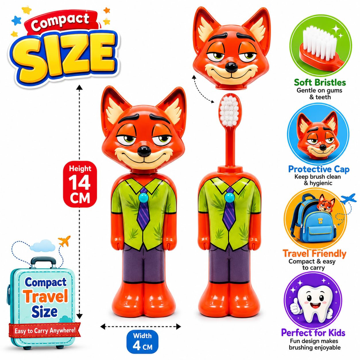 Zootopia Nick Wilde Kids Pop-Up Toothbrush with Protective Cap | Cartoon Travel Toothbrush for Children | Soft Bristles Oral Care Brush