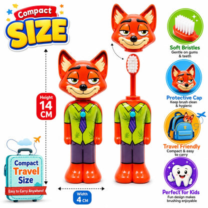 Zootopia Nick Wilde Kids Pop-Up Toothbrush with Protective Cap | Cartoon Travel Toothbrush for Children | Soft Bristles Oral Care Brush