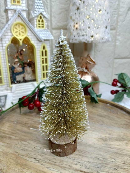 Gold Mini Christmas Tree Showpiece for Tabletop Decoration - Artificial Snow, Wooden Base, No Lights or Music (16 cm)