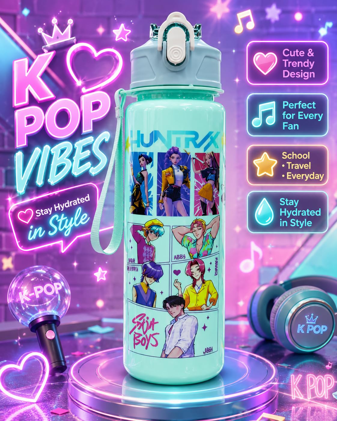 K Pop Demon Hunters Water Bottle for Kids 650ML | Leakproof BPA Free Flip Straw Bottle with Carry Strap | Cute Anime School Water Bottle