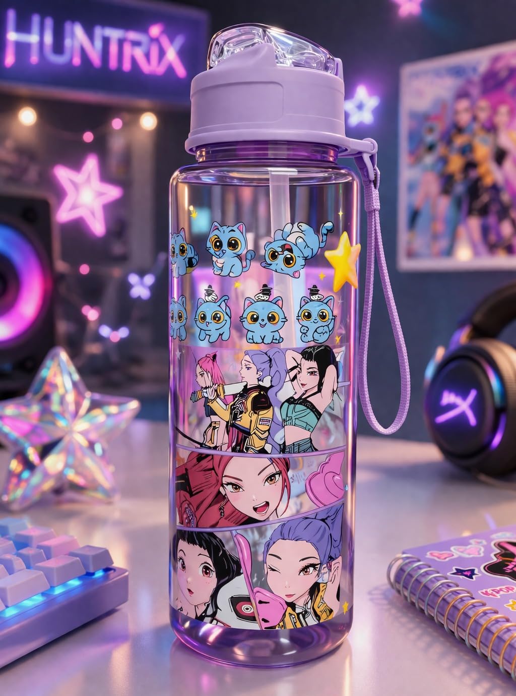 K POP Demon Hunters Water Bottle with Straw, Transparent Bottle, Leakproof BPA-Free Plastic Bottle, School Bottle with Strap, 500 ml, Drinking Bottle for Boys & Girls (1 pc- Random Design)