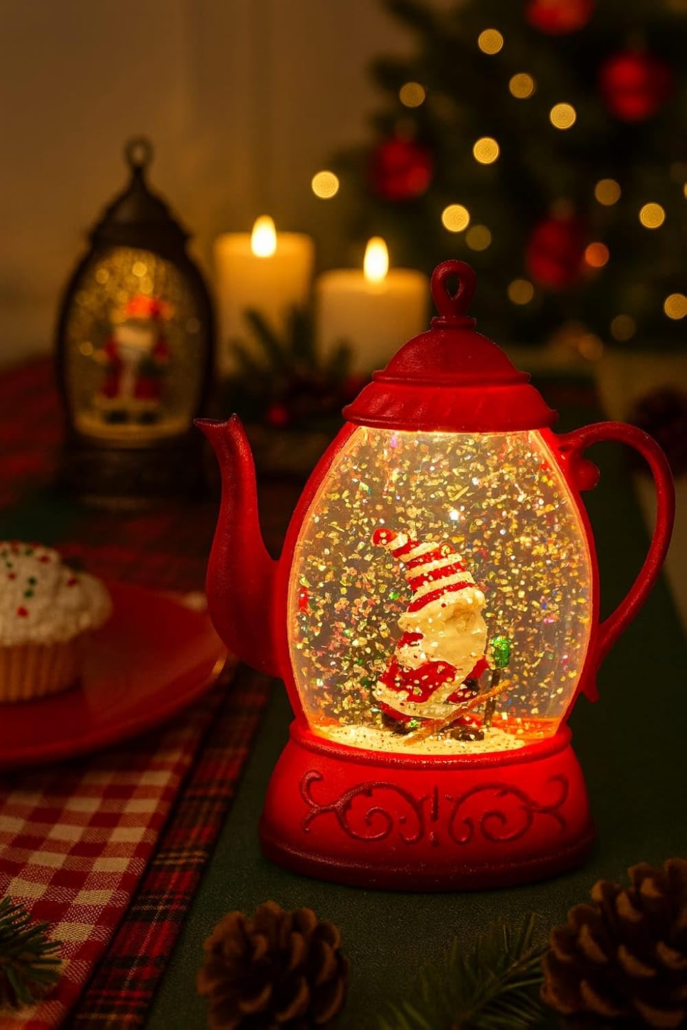 Christmas Snow Globe Kettle Lamp with Santa Figurine | 14 cm Lighted Christmas Decoration, Glitter Lantern, Festive Xmas Tabletop Decor, (Only Light, No Music) (Batteries not Included) Visit the BOENJOY Store