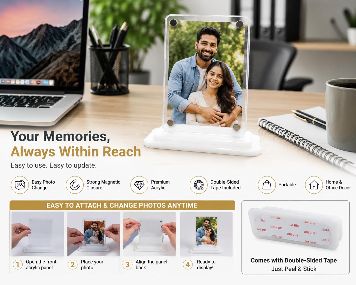Magnetic Acrylic Photo Frame Stand, Clear Transparent Picture Holder, Easy Photo Change, Double-Sided Tape Included, Desktop Display for Home, Office, Car Dashboard & Gifts