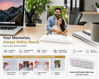 Magnetic Acrylic Photo Frame Stand, Clear Transparent Picture Holder, Easy Photo Change, Double-Sided Tape Included, Desktop Display for Home, Office, Car Dashboard & Gifts