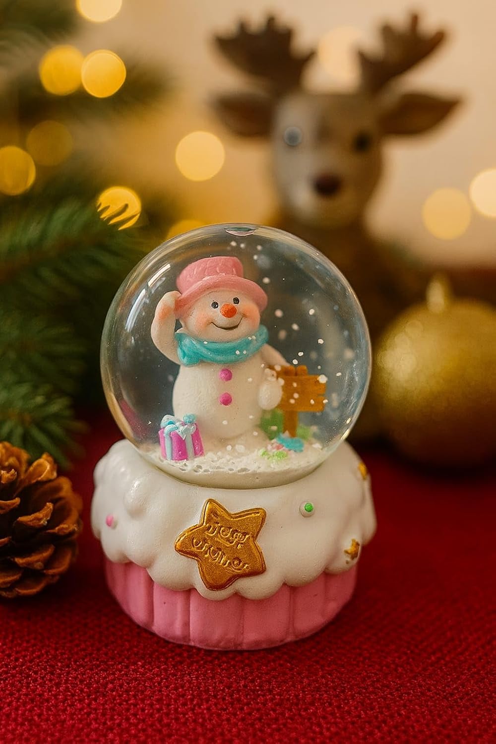 Pink Snowman Snow Globe, 10 cm Christmas Decoration | NO Light & NO Music | Cute Snow Globe Decoration for Home, Table & Gift | Warm LED Look | Holiday Xmas Decor for Kids & Adults