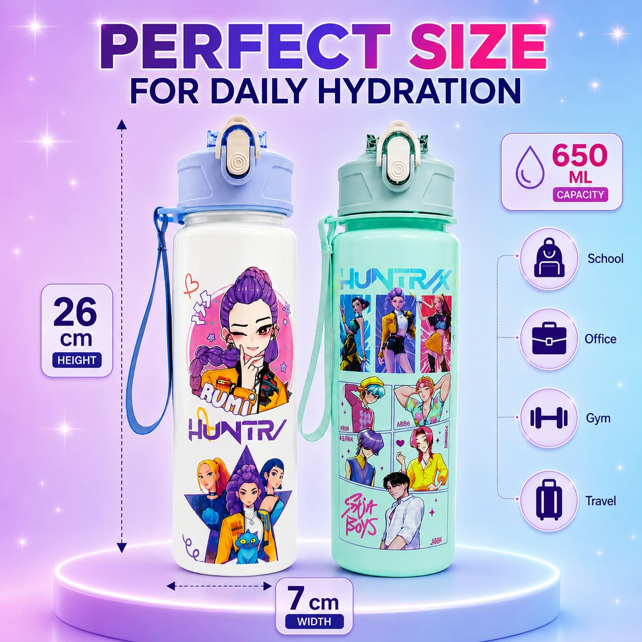 K Pop Demon Hunters Water Bottle Set of 2 | 650ML Leakproof Straw Water Bottles for Kids & Teens
