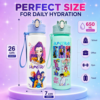 K Pop Demon Hunters Water Bottle Set of 2 | 650ML Leakproof Straw Water Bottles for Kids & Teens