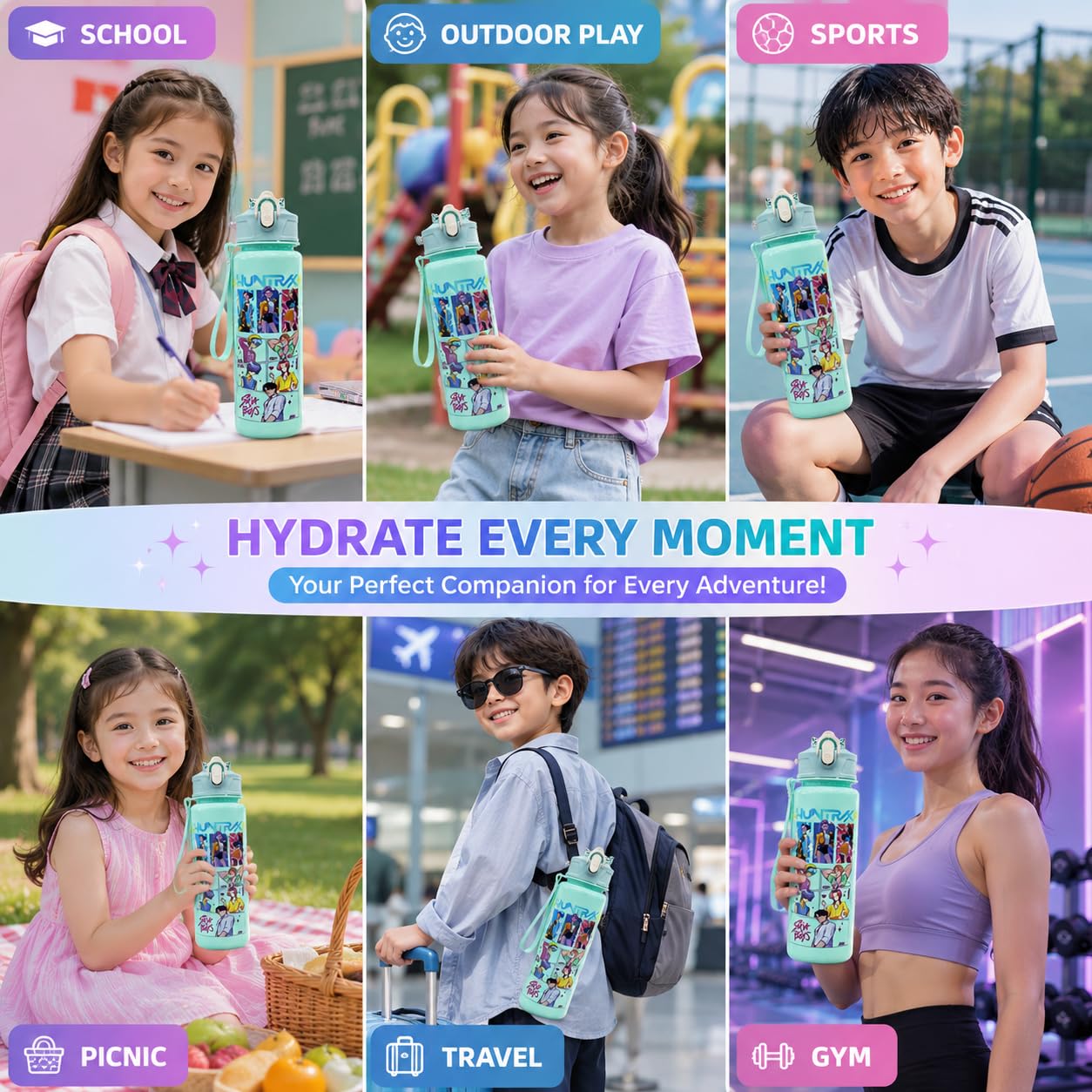 K Pop Demon Hunters Water Bottle for Kids 650ML | Leakproof BPA Free Flip Straw Bottle with Carry Strap | Cute Anime School Water Bottle