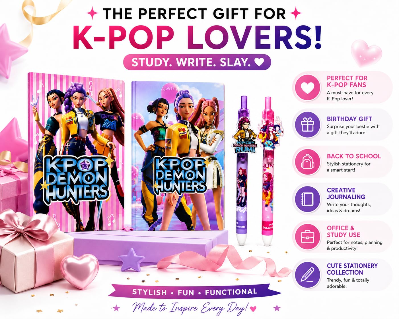 K-Pop Demon Hunters Stationery Set, 2 Notebooks with 100 Pages Each and 2 Smooth Gel Pens, Gift for Students and Fans
