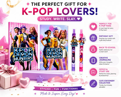 K-Pop Demon Hunters Stationery Set, 2 Notebooks with 100 Pages Each and 2 Smooth Gel Pens, Gift for Students and Fans