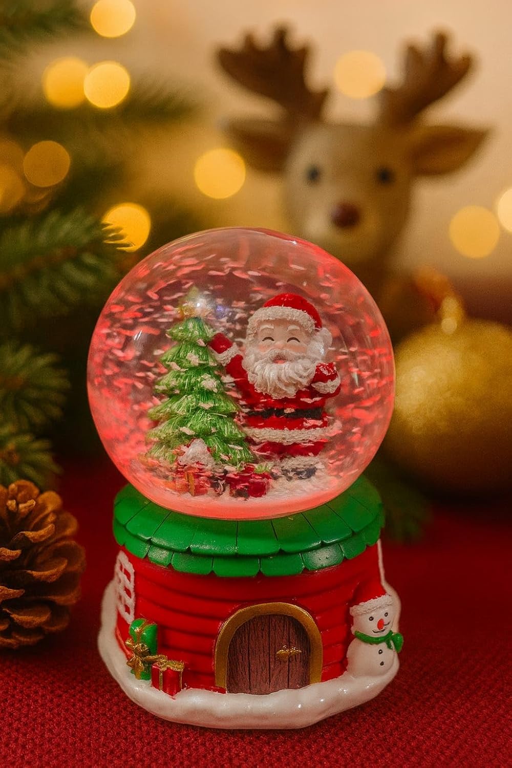 Santa Snow Globe with LED Light & Music, 16 cm Lighted Christmas Decoration, Snow Globe Swirling Glitter, Christmas Table Decoration, Home Decor Gift for Kids & Adult (Red)