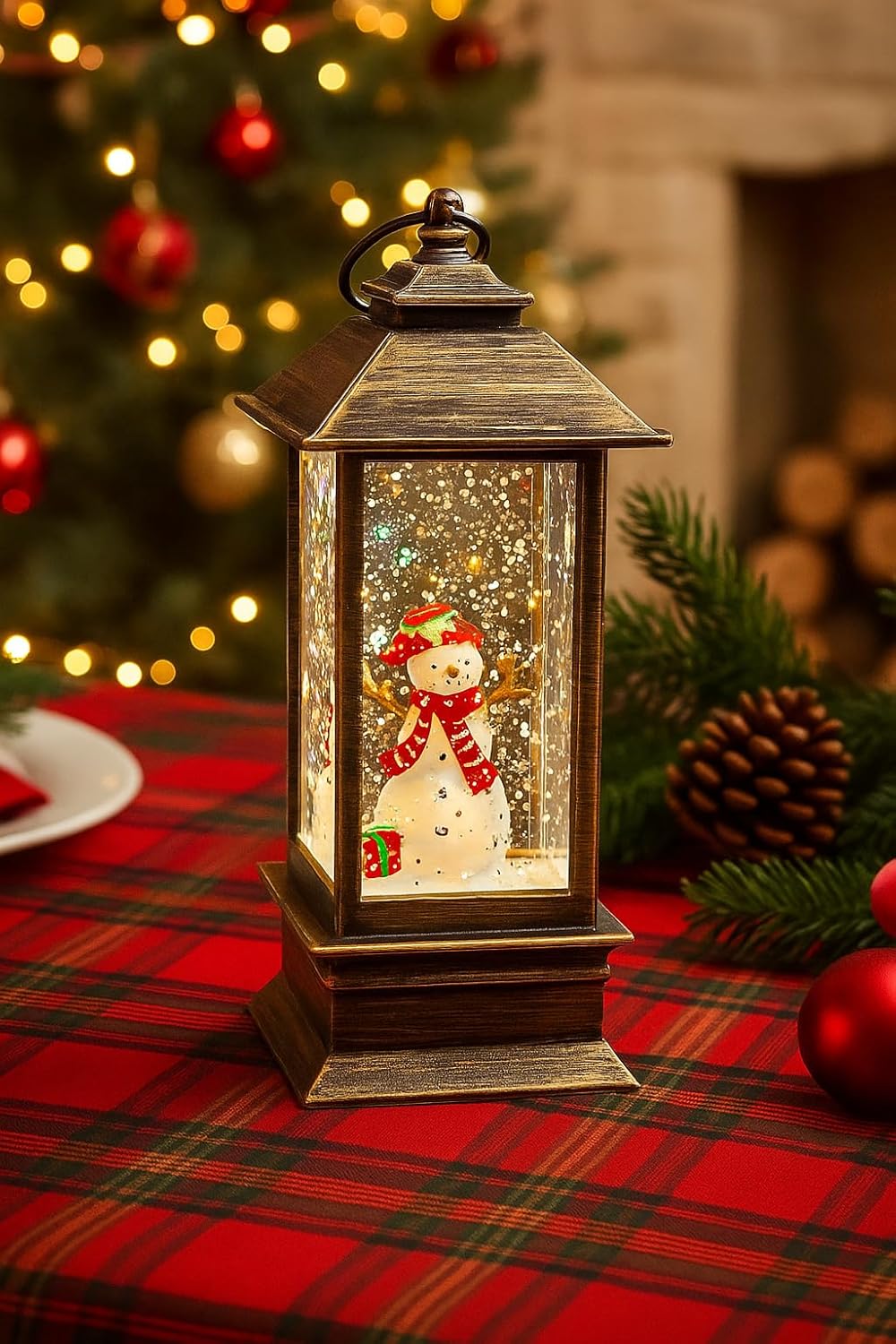 Christmas Snow Globe Lantern with Snowman Figurine | 14 cm Lighted Christmas Decoration, Glitter Lantern, Festive Xmas Tabletop Decor, (Only Light, No Music)
