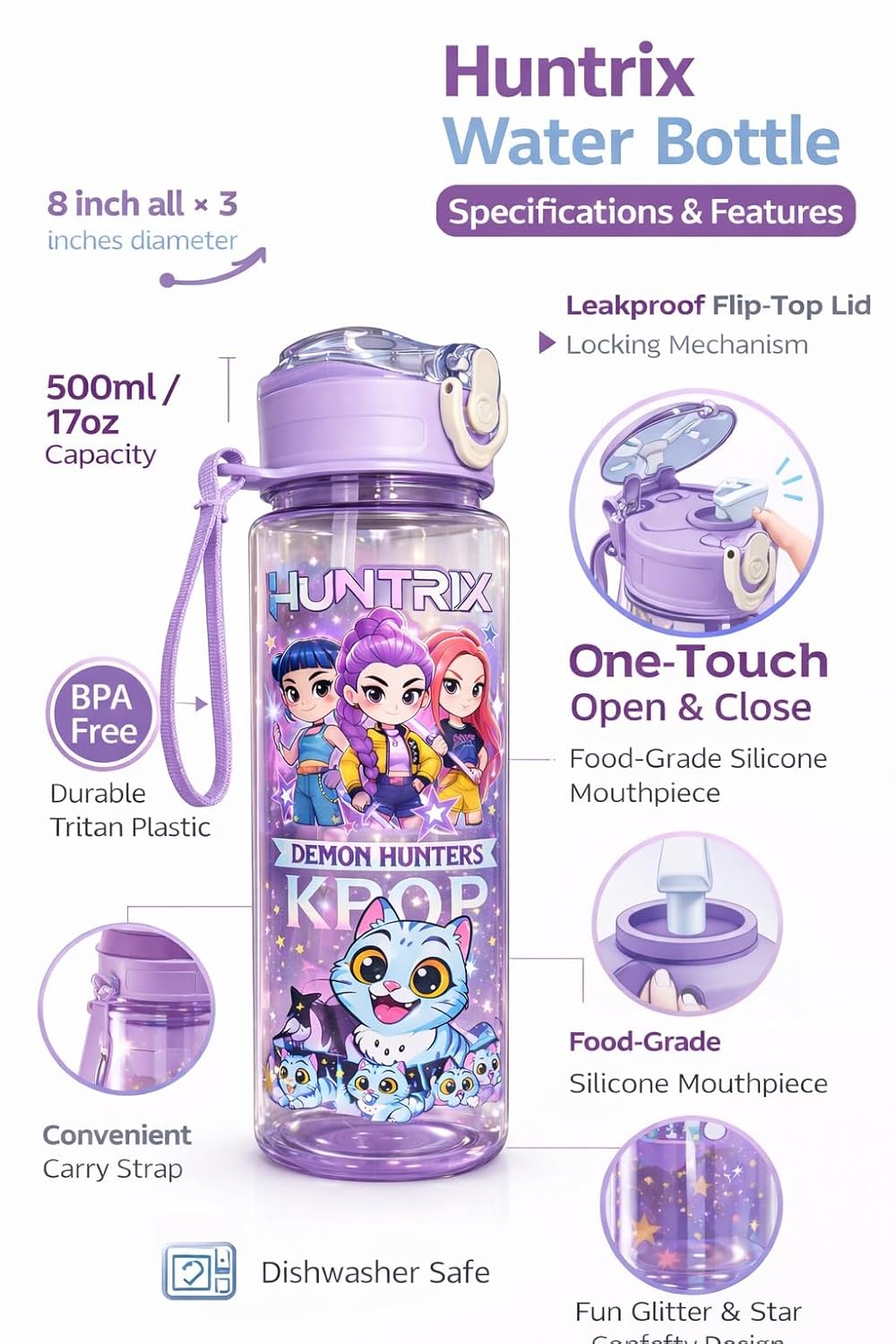 K POP Demon Hunters Water Bottle with Straw, Transparent Bottle, Leakproof BPA-Free Plastic Bottle, School Bottle with Strap, 500 ml, Drinking Bottle for Boys & Girls (1 pc- Random Design)