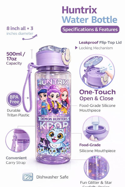 K POP Demon Hunters Water Bottle with Straw, Transparent Bottle, Leakproof BPA-Free Plastic Bottle, School Bottle with Strap, 500 ml, Drinking Bottle for Boys & Girls (1 pc- Random Design)