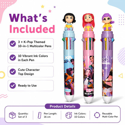 K-Pop Demon Hunters Themed 10-in-1 Multicolor Pen Set of 3 | Cute Character Topper | 10 Color Retractable Ball Pens for School, Office, Journaling & Gifts