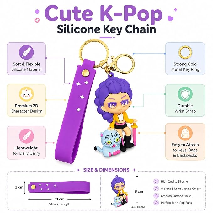 K-Pop Demon Hunters Keychain | Cute 3D Character Silicone Keychain with Wrist Strap for Bags, Backpacks & Keys (Rumi)