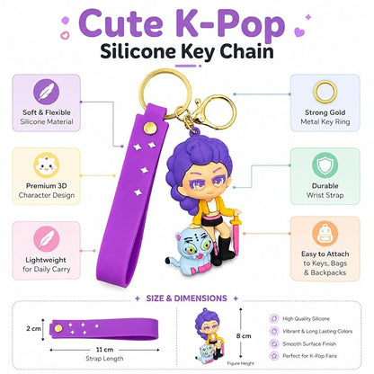 K-Pop Demon Hunters Keychain | Cute 3D Character Silicone Keychain with Wrist Strap for Bags, Backpacks & Keys (Rumi)