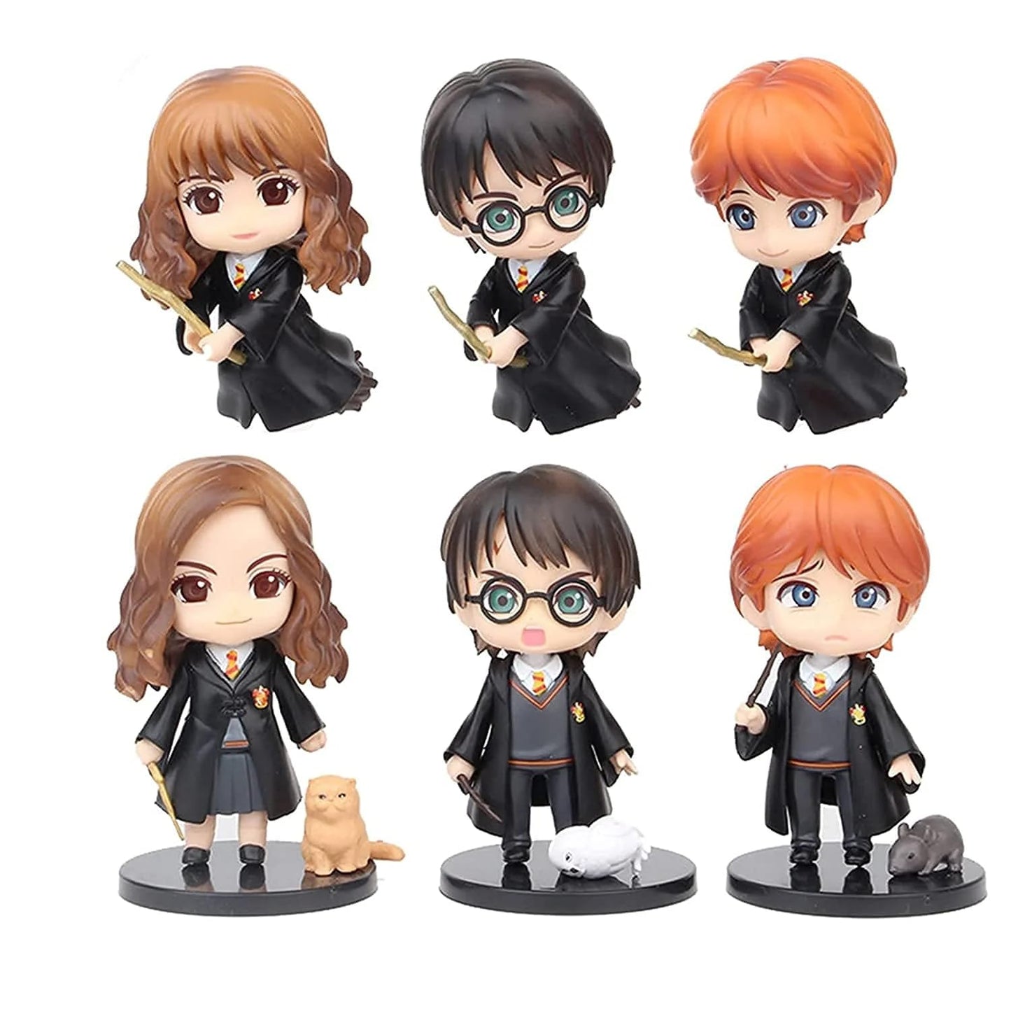 Harry Potter Action Figure Set of 3 (8 cm) Mini Wizard Collectible Figures with Wand | Harry, Hermone & Ron Toys | Desk Decor, Cake Toppers, Kids Toy & for Fans (Harry with Based)