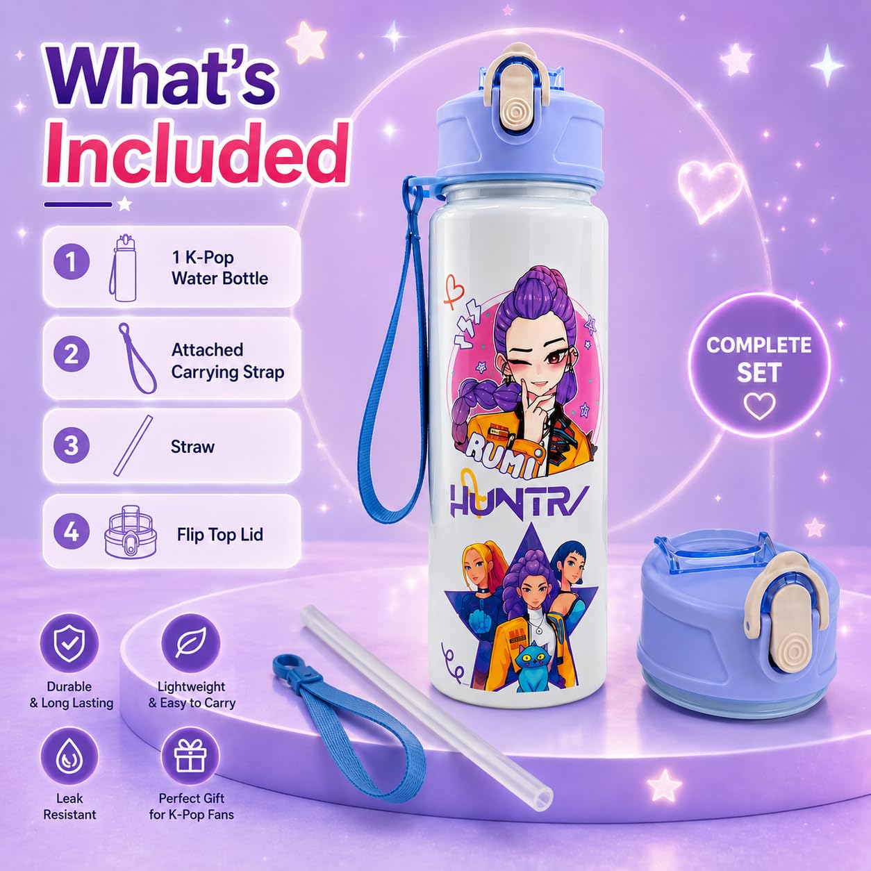 K Pop Demon Hunters Water Bottle for Kids 650ML | Leak Proof Straw Bottle with Carry Strap | Anime K Pop School Water Bottle | BPA Free Sports Bottle
