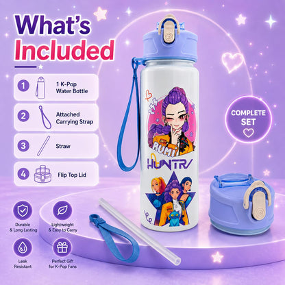 K Pop Demon Hunters Water Bottle for Kids 650ML | Leak Proof Straw Bottle with Carry Strap | Anime K Pop School Water Bottle | BPA Free Sports Bottle