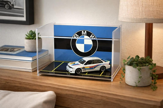 Acrylic Display Garage Case for Hot Wheels- Clear Dustproof with Garage Background, Mini Car Display Box- 21x15x13 cm | to be Assembled (Only Display Case, Without Cars, No Light) BMW