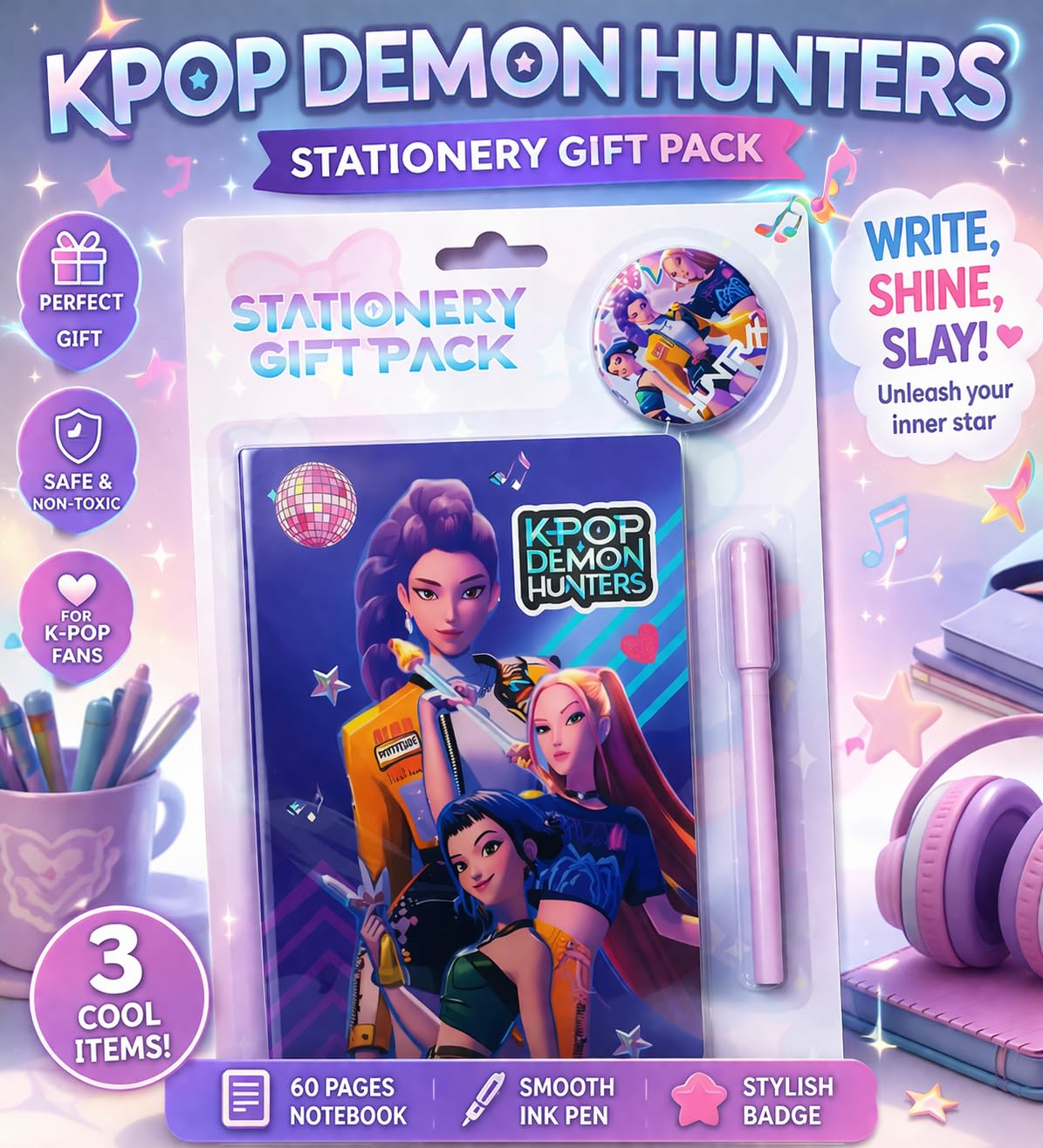 K POP Demon Hunters Stationery Gift Pack for Kids – Cute Notebook, Pen & Badge Set | Cartoon Theme Study Kit | Gift for Girls Boys Students