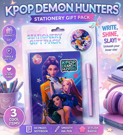 K POP Demon Hunters Stationery Gift Pack for Kids – Cute Notebook, Pen & Badge Set | Cartoon Theme Study Kit | Gift for Girls Boys Students