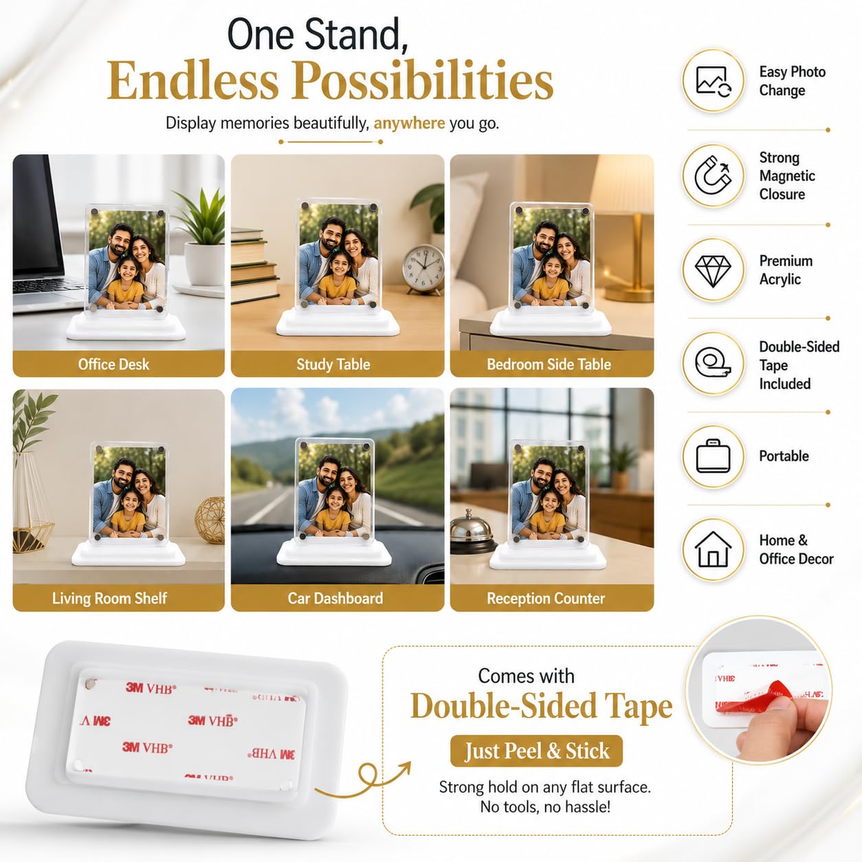 Magnetic Acrylic Photo Frame Stand, Clear Transparent Picture Holder, Easy Photo Change, Double-Sided Tape Included, Desktop Display for Home, Office, Car Dashboard & Gifts