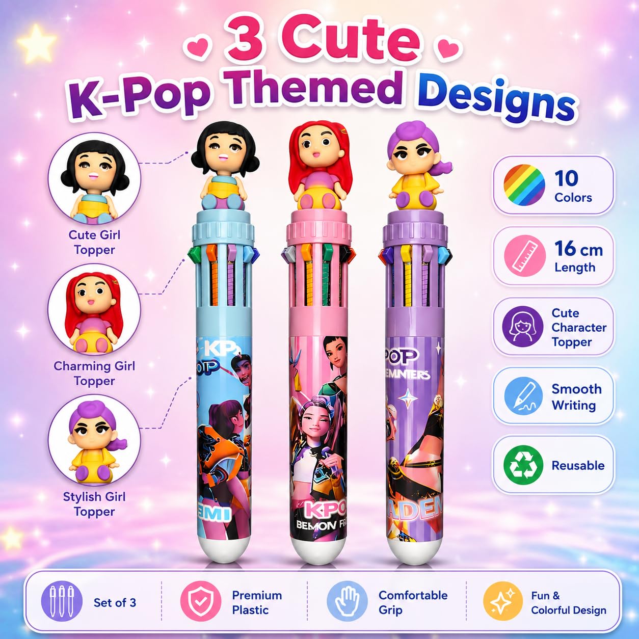 K-Pop Demon Hunters Themed 10-in-1 Multicolor Pen Set of 3 | Cute Character Topper | 10 Color Retractable Ball Pens for School, Office, Journaling & Gifts