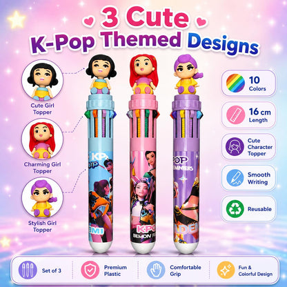 K-Pop Demon Hunters Themed 10-in-1 Multicolor Pen Set of 3 | Cute Character Topper | 10 Color Retractable Ball Pens for School, Office, Journaling & Gifts