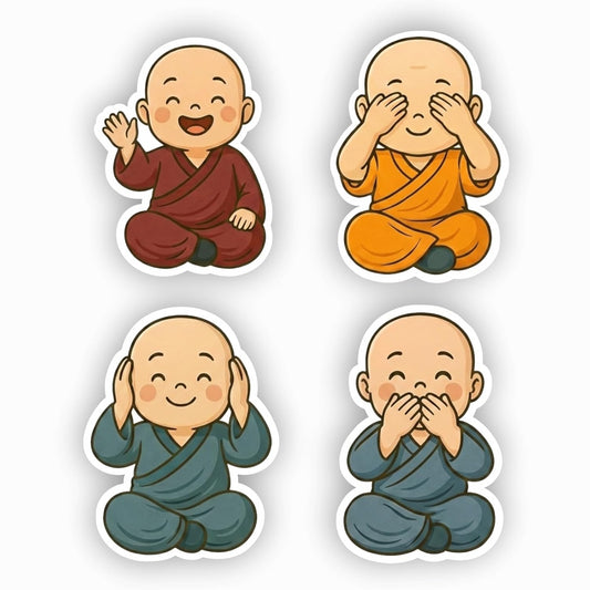 Cute Monk Cartoon MDF Wooden Fridge Magnet Set 4 | See Hear Speak No Evil Design | Decorative Spiritual Magnet for Home & Office