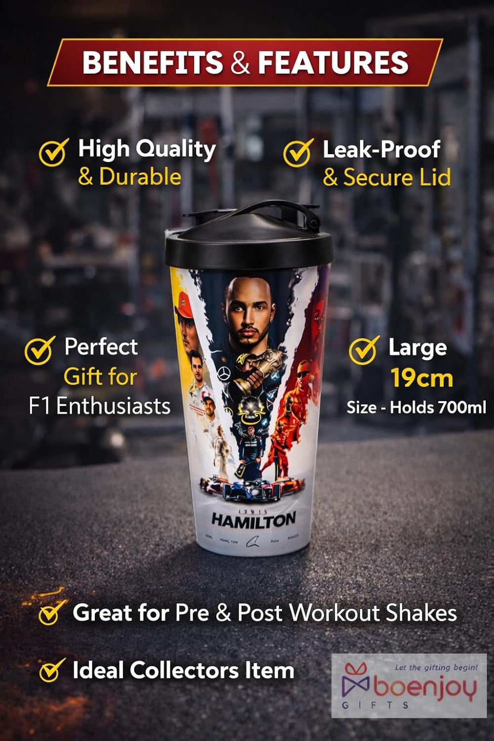 Lewis Hamilton Shipper Tumbler Bottle – 500ml Large Capacity, 19cm Height, Leakproof Plastic Shaker Cup for Gym, Protein Shake & Water | Gift for F1 Fans