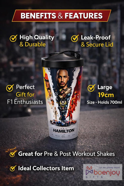 Lewis Hamilton Shipper Tumbler Bottle – 500ml Large Capacity, 19cm Height, Leakproof Plastic Shaker Cup for Gym, Protein Shake & Water | Gift for F1 Fans