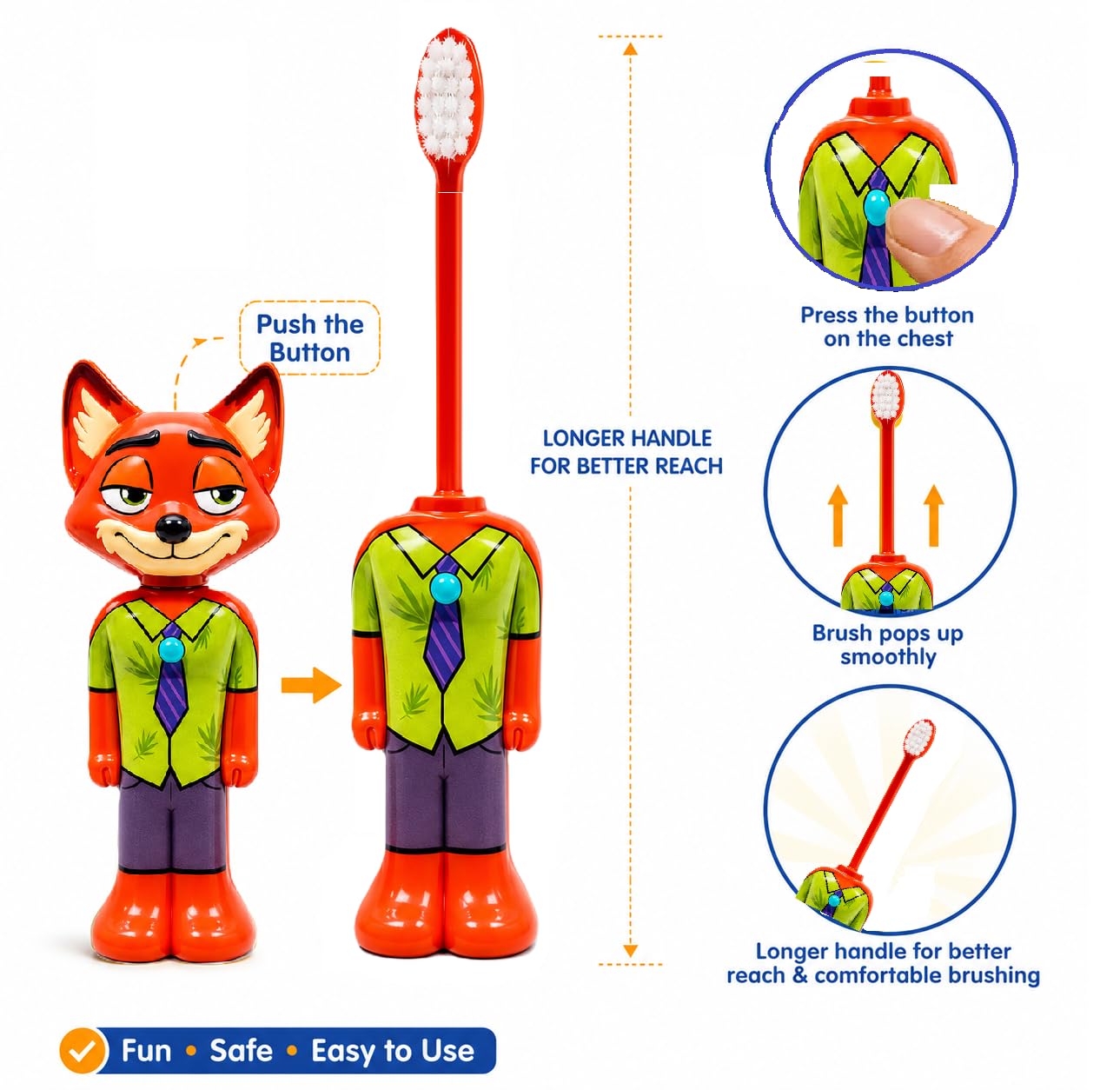 Zootopia Nick Wilde Kids Pop-Up Toothbrush with Protective Cap | Cartoon Travel Toothbrush for Children | Soft Bristles Oral Care Brush