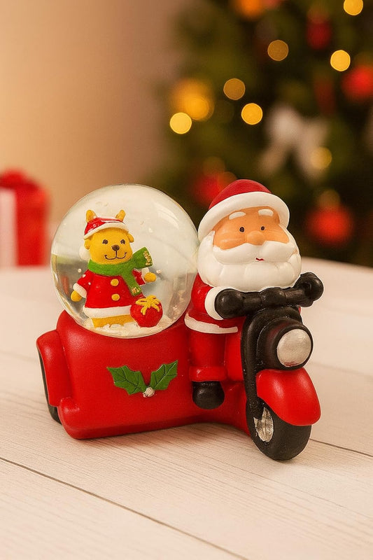 Santa on Bike Snow Globe Showpiece- 8 cm- Christmas Decoration | NO Light & NO Music | Cute Bear Figurine with Snow Dome | Christmas Table Dcor for Home, Office & Gifting