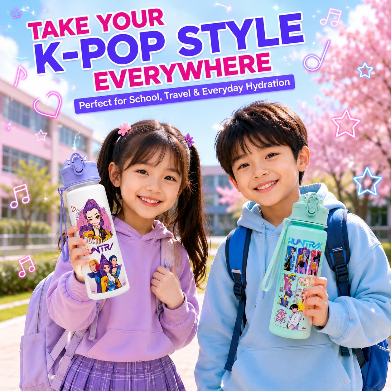 K Pop Demon Hunters Water Bottle Set of 2 | 650ML Leakproof Straw Water Bottles for Kids & Teens