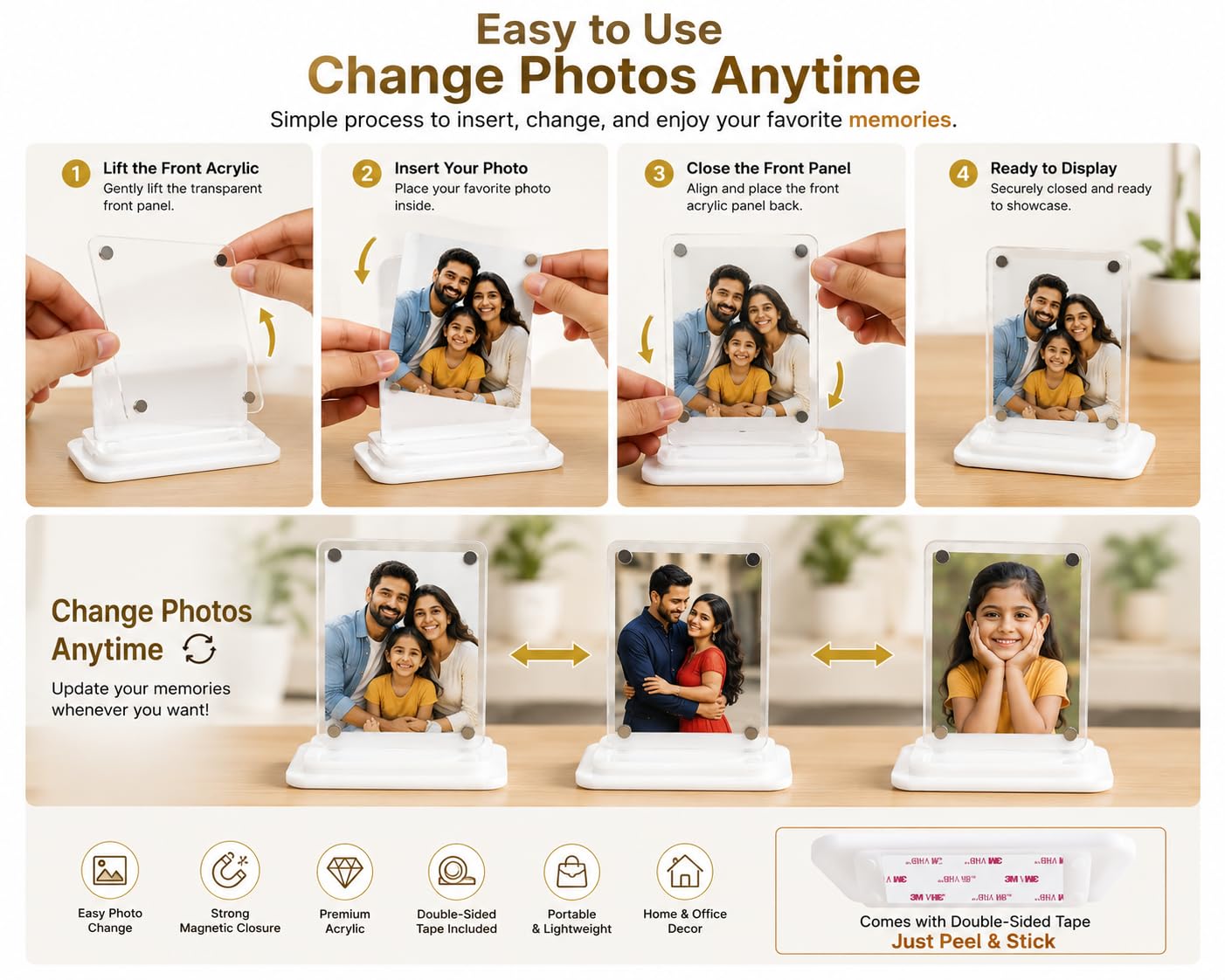 Magnetic Acrylic Photo Frame Stand, Clear Transparent Picture Holder, Easy Photo Change, Double-Sided Tape Included, Desktop Display for Home, Office, Car Dashboard & Gifts