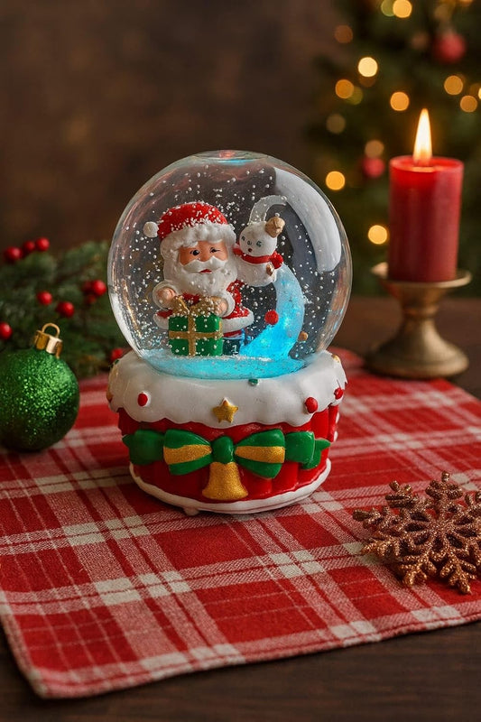 Santa with Snowman Snow Globe with LED Light & Music, 12 cm Lighted Christmas Decoration, Glitter Snow Globe, Christmas Table Decoration, Home Dcor Gift for Kids & Adults