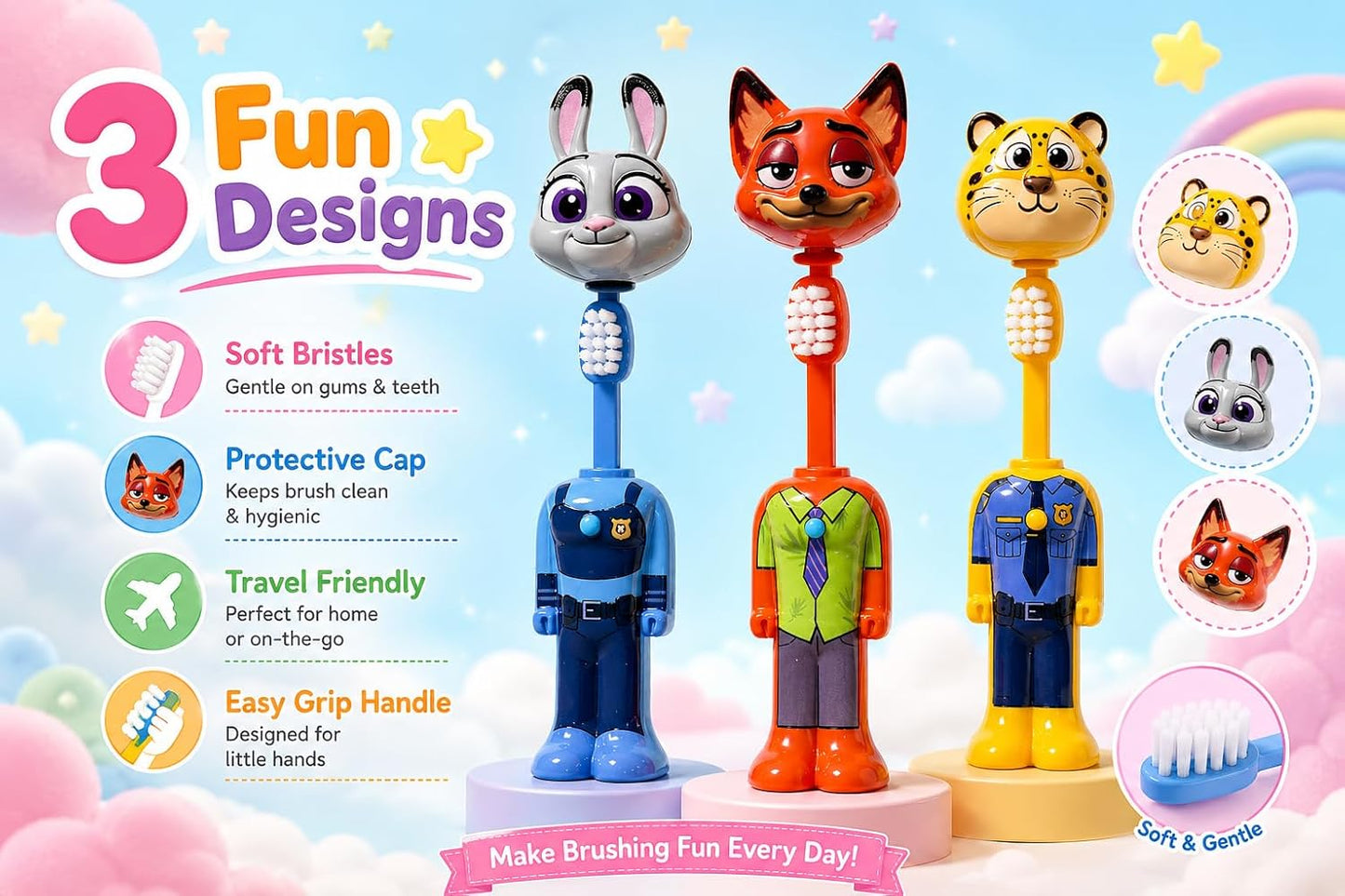 Zootopia Kids Toothbrush Set of 3 | Judy Hopps, Nick Wilde & Clawhauser Character Toothbrush | Soft Bristles Travel Toothbrush for Kids
