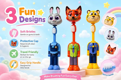 Zootopia Kids Toothbrush Set of 3 | Judy Hopps, Nick Wilde & Clawhauser Character Toothbrush | Soft Bristles Travel Toothbrush for Kids