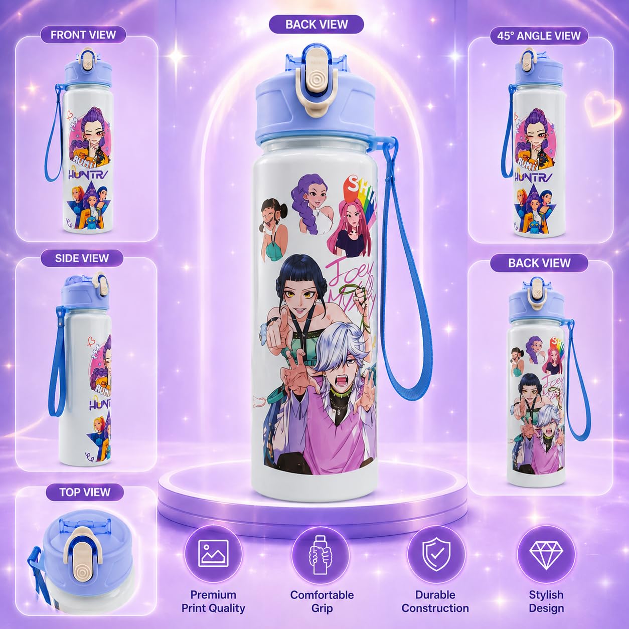 K Pop Demon Hunters Water Bottle for Kids 650ML | Leak Proof Straw Bottle with Carry Strap | Anime K Pop School Water Bottle | BPA Free Sports Bottle