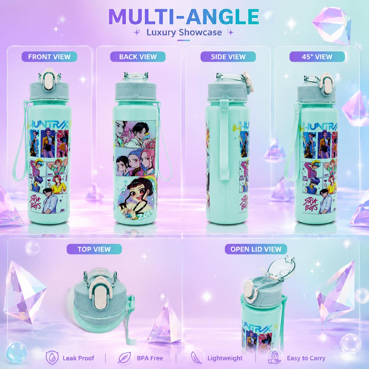 K Pop Demon Hunters Water Bottle for Kids 650ML | Leakproof BPA Free Flip Straw Bottle with Carry Strap | Cute Anime School Water Bottle