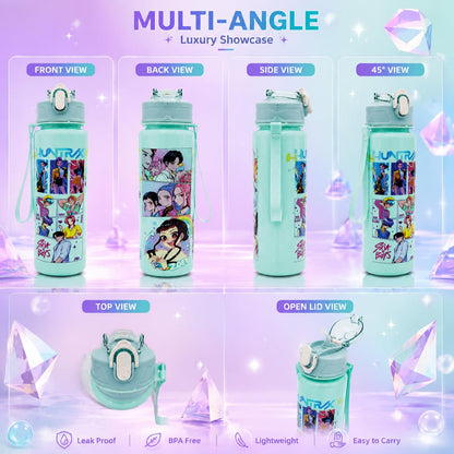 K Pop Demon Hunters Water Bottle for Kids 650ML | Leakproof BPA Free Flip Straw Bottle with Carry Strap | Cute Anime School Water Bottle