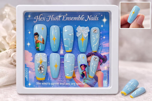 Demon Hunter Kids Press On Nails for Girls, Anime Magic Nail Art Set with Rhinestones, Reusable Fake Nails for Kids, Cute Fantasy Design Artificial Nails, Easy Stick On Nail Kit for Children Party Dress Up- 10 Piece Set (Zoey)